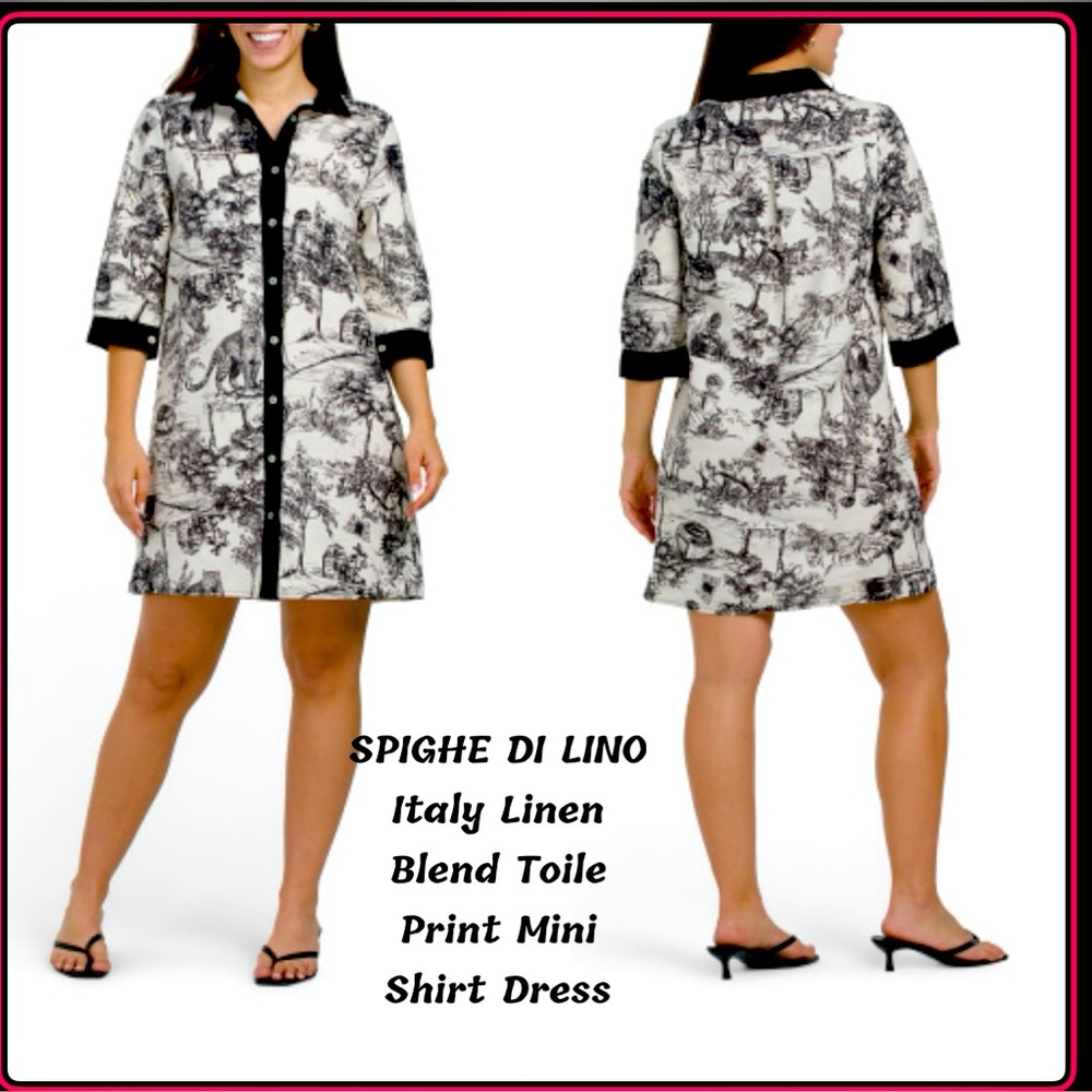 🖤SPIGHE DI LINO Italy Linen Blend Elbow Sleeve Toile
Print Mini Shirt Dress🖤